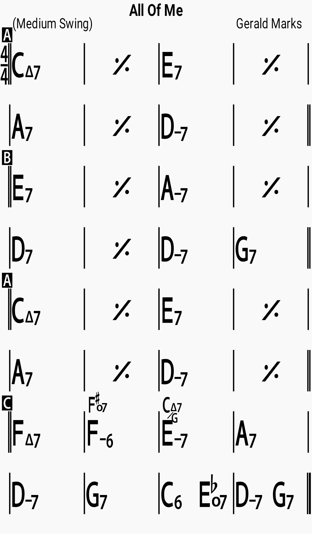 Chord chart for the jazz standard All Of Me