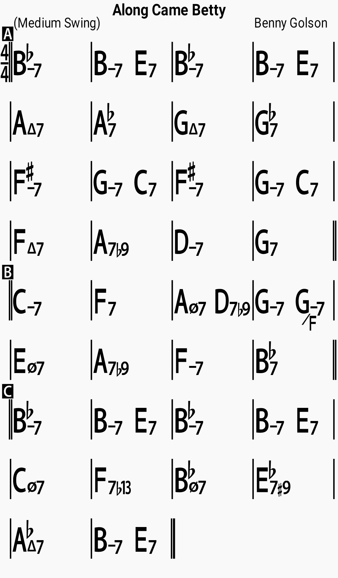 Chord chart for the jazz standard Along Came Betty