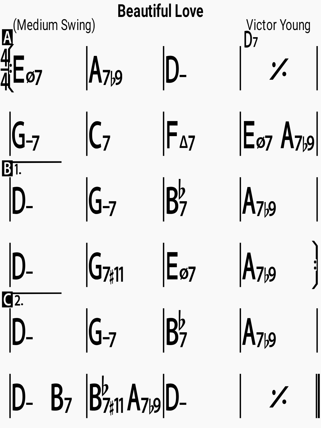 Chord chart for the jazz standard Beautiful Love