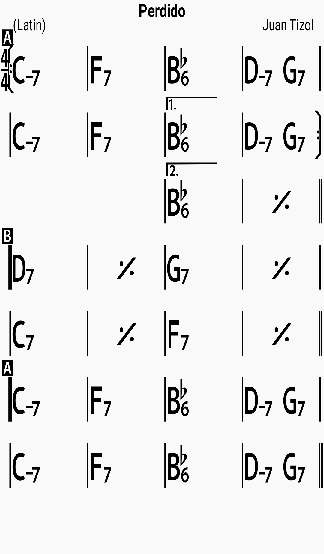 Chord chart for the jazz standard Perdido