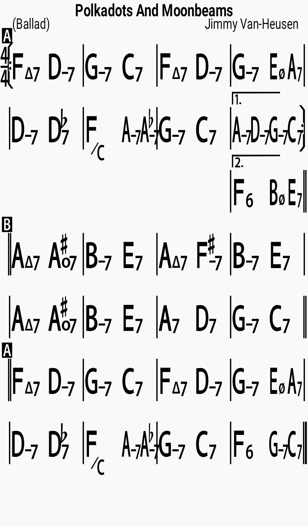 Chord chart for the jazz standard Polka Dots And Moonbeams
