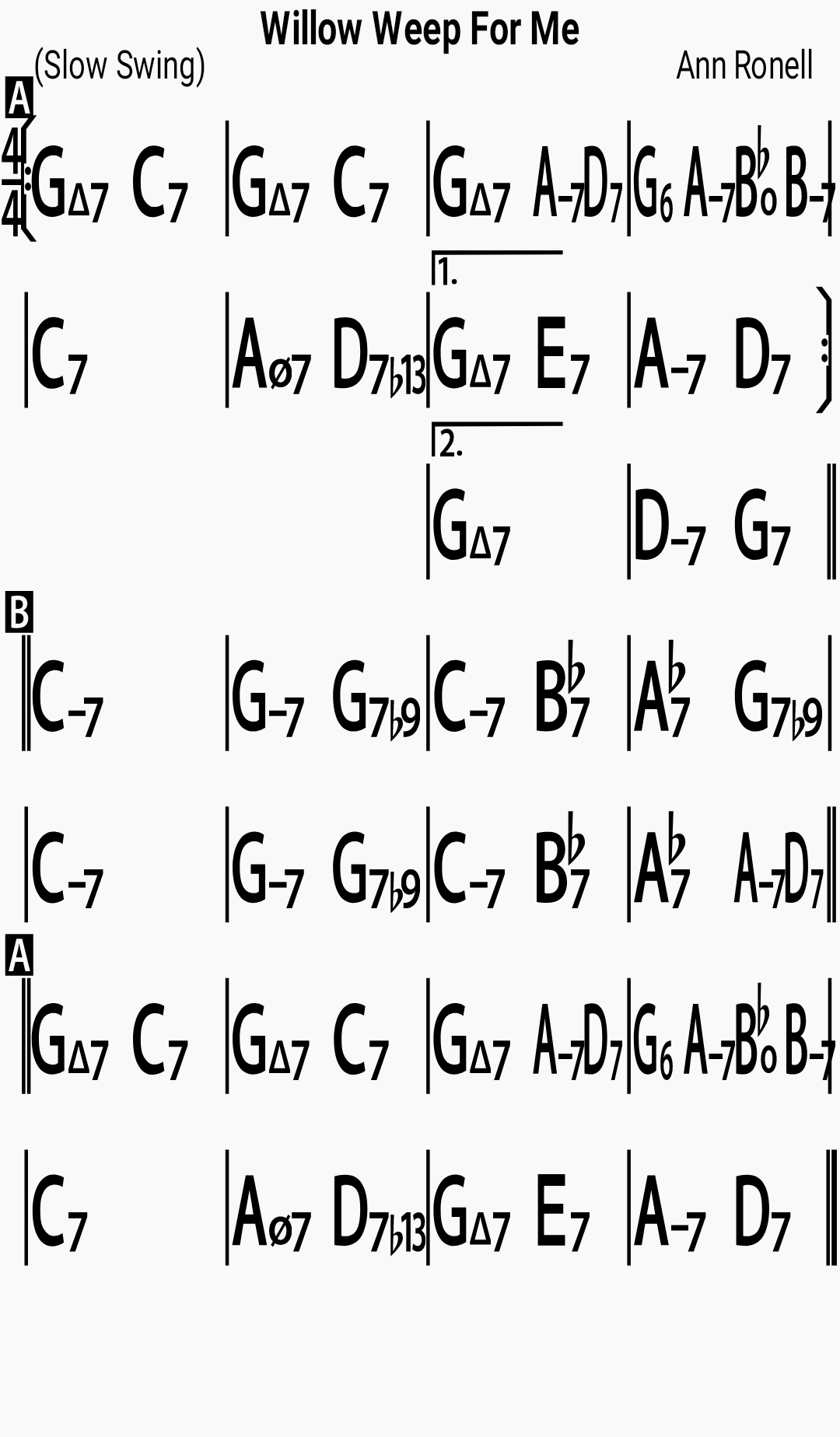 Chord chart for the jazz standard Willow Weep For Me